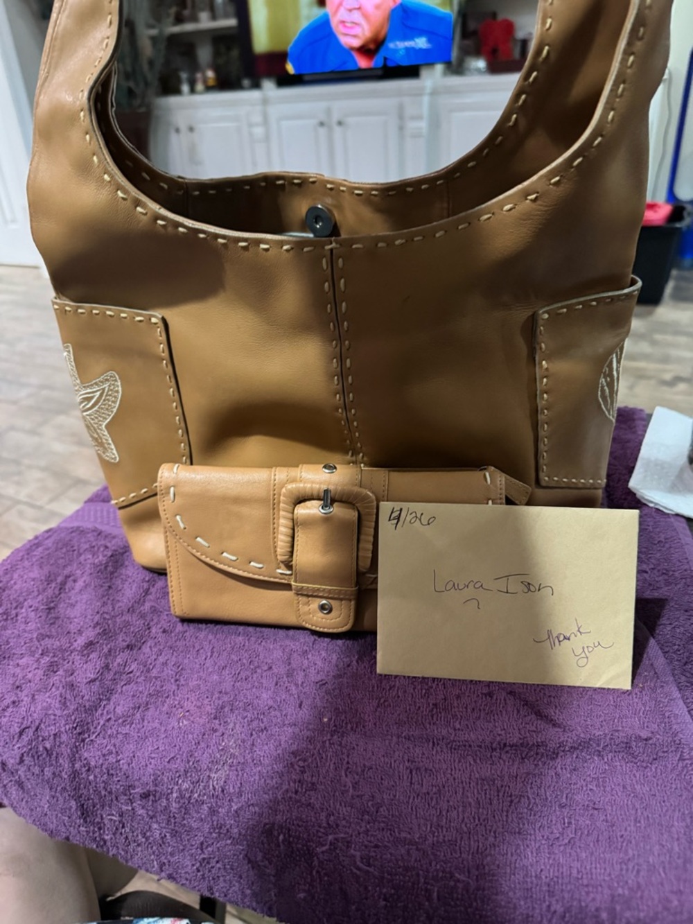 Hype Tan Leather Shoulder Hobo Bag with Wrapped Handle and matching wallet